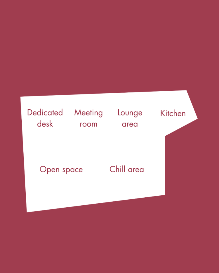 Illustrated floor plan of Nas Coworking with dedicated desk, meeting room, lounge, kitchen, open space and chill area.